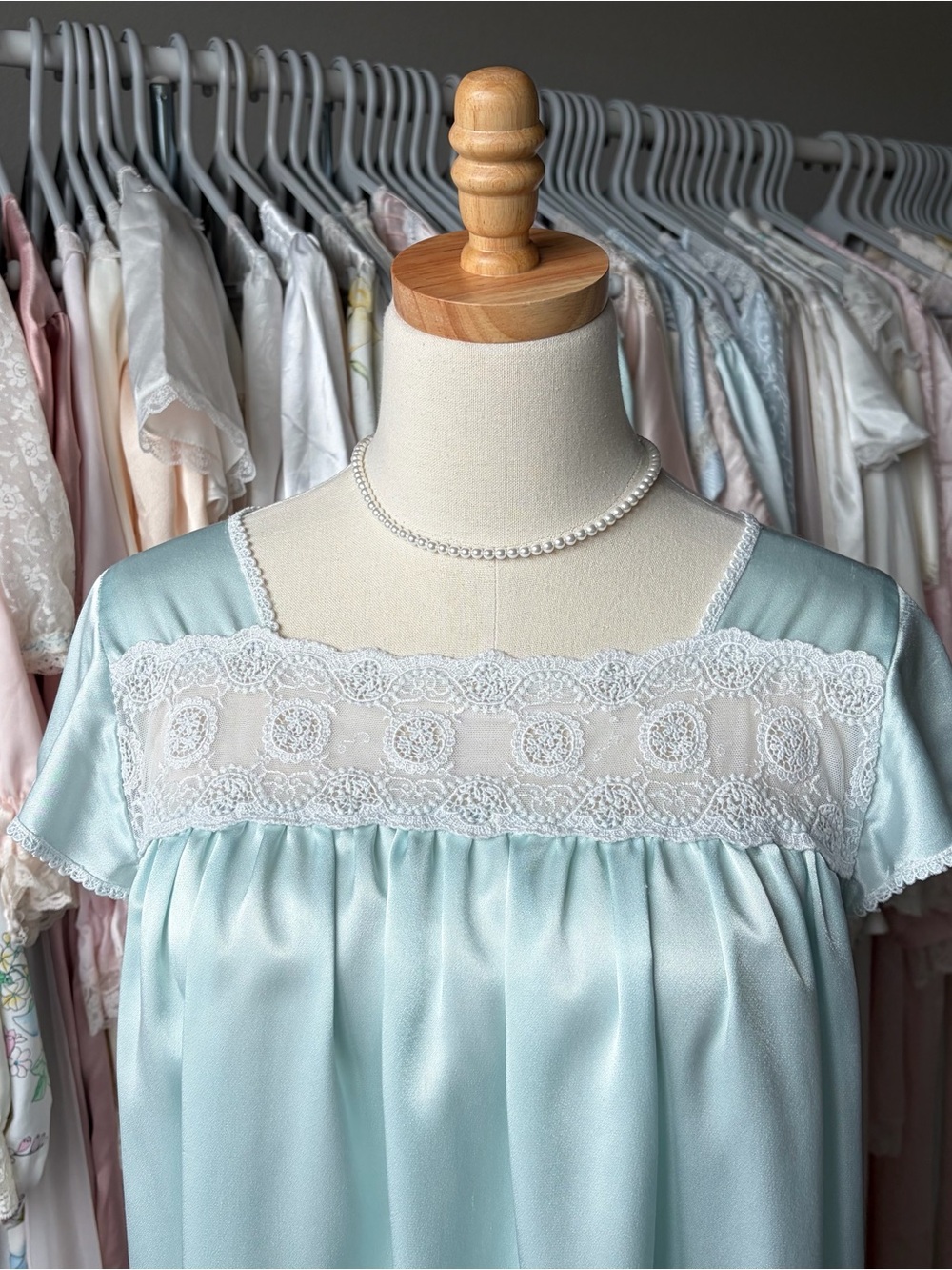 vintage oscar de la renta aqua blue satin nightgown lace panel